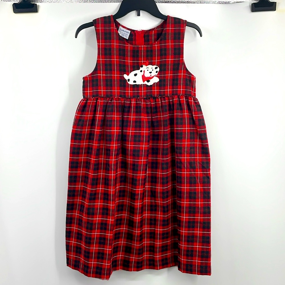 Vintage 90s Samara Red Plaid Dalmatian Puppy Dress Size Large